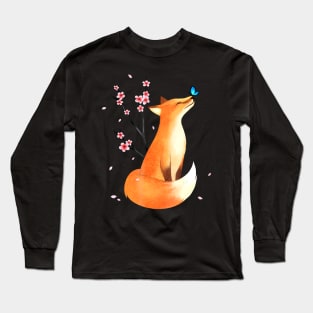 Fox Japanese Cherry Blossom Flower Vintage Long Sleeve T-Shirt